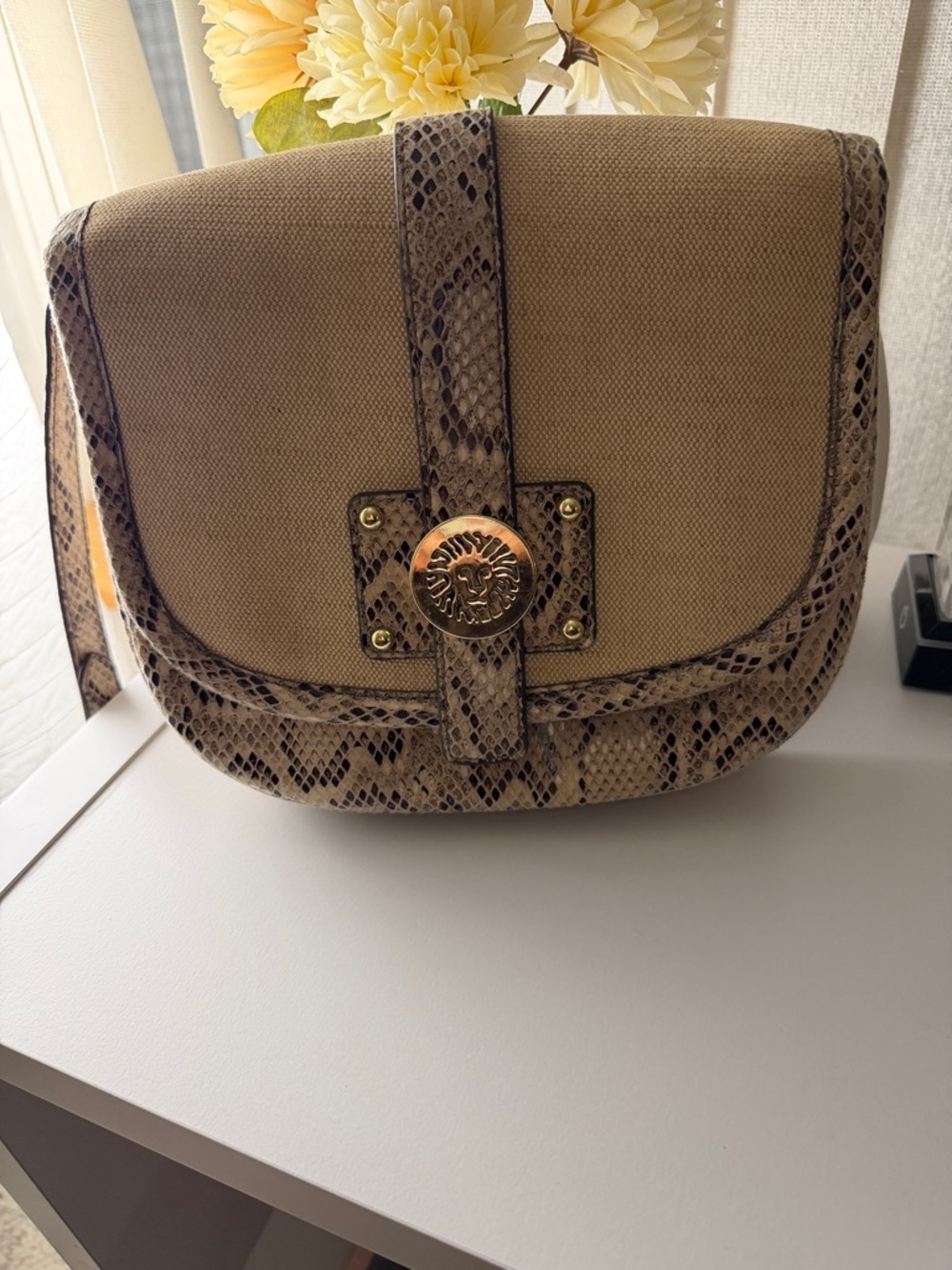 Beige Canvas Crossbody Bag with Snake-Print Trim